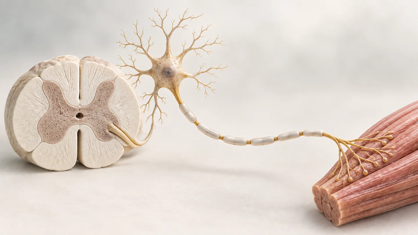 Conceptual illustration of motor neuron anatomy for als information.