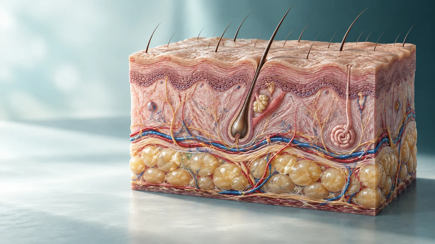 Conceptual illustration of skin structure and healthy-aging context.