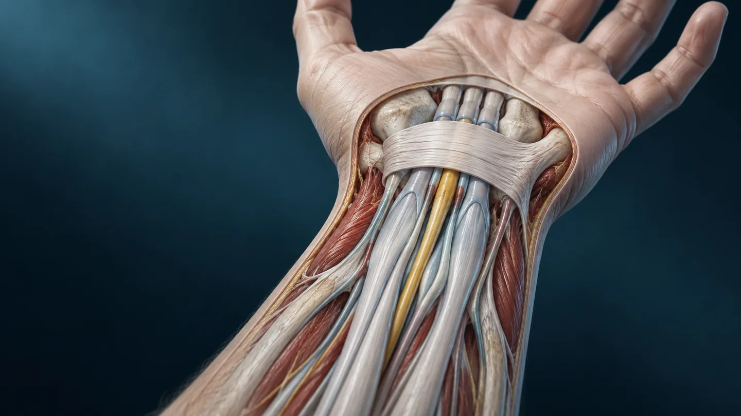 Conceptual illustration of median nerve and carpal tunnel anatomy.