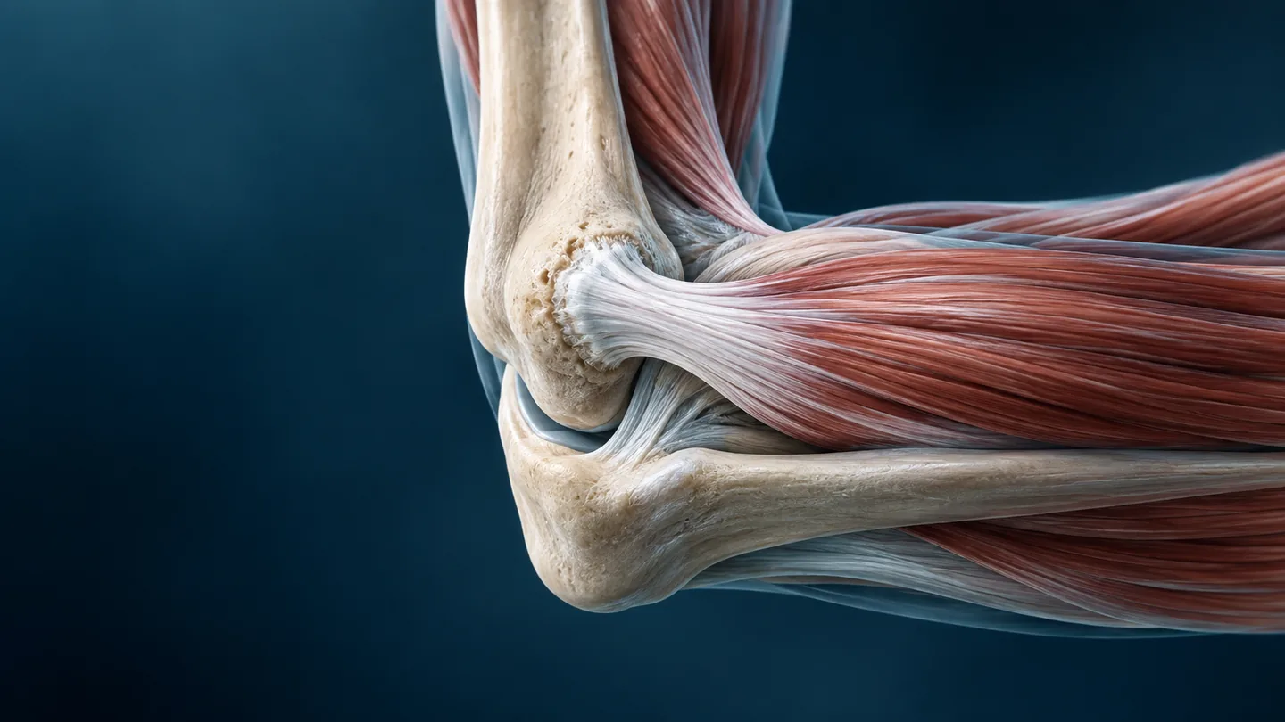 Conceptual illustration of elbow tendon attachment anatomy.