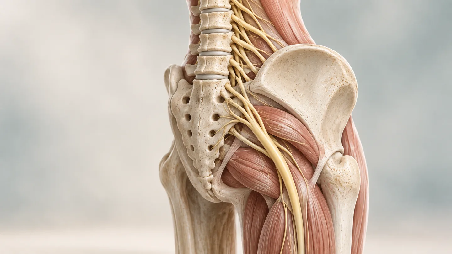 Conceptual illustration of lumbar nerve-root and sciatic-nerve anatomy.