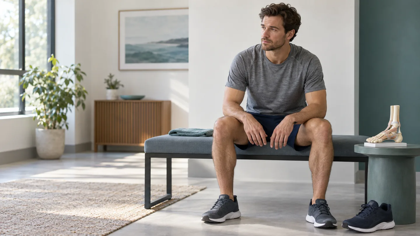 Conceptual editorial image of a fictional recreational athlete pausing beside an athletic shoe and ankle teaching model; no treatment outcome is depicted.