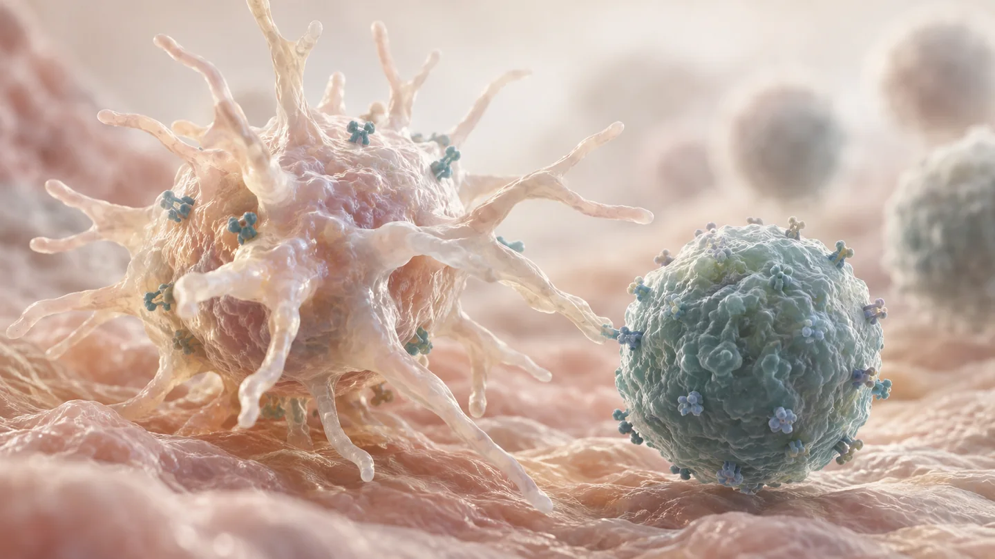 Conceptual illustration of dendritic-cell antigen-presentation concept.