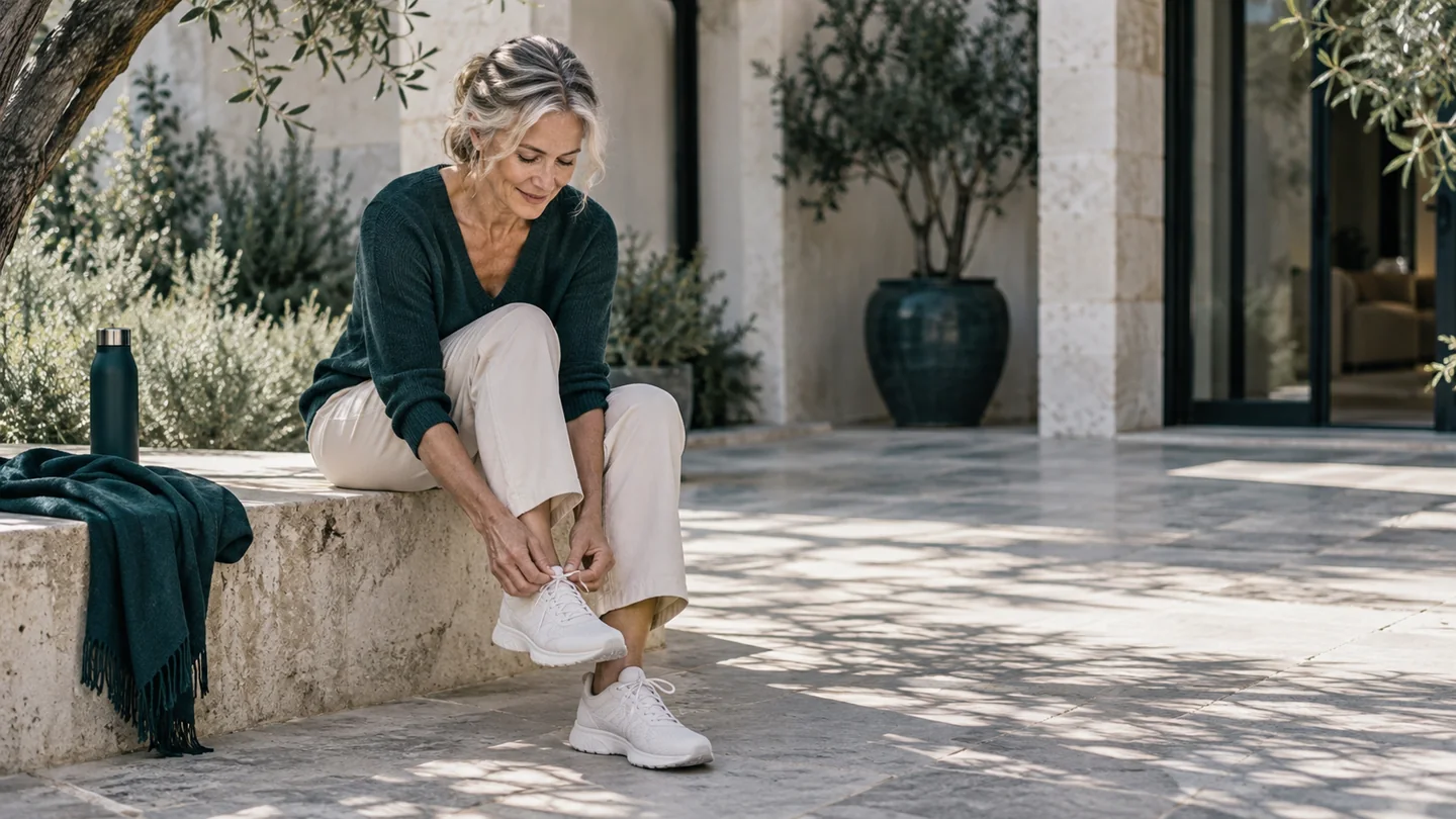 Fictional woman in a teal sweater tying a walking shoe in a sunlit courtyard.