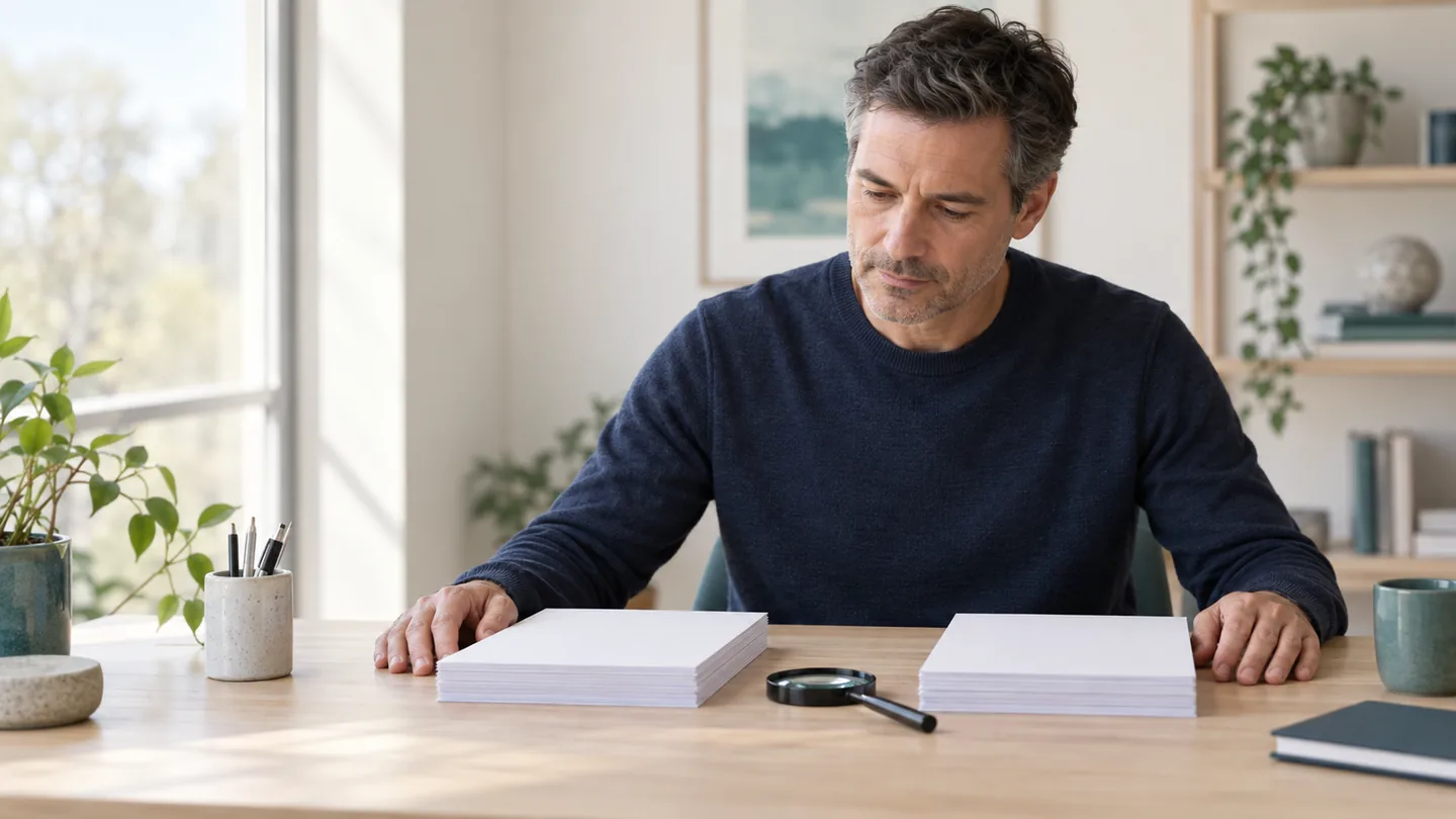 Conceptual editorial image of a fictional adult considering two sets of blank papers with equal visual weight.
