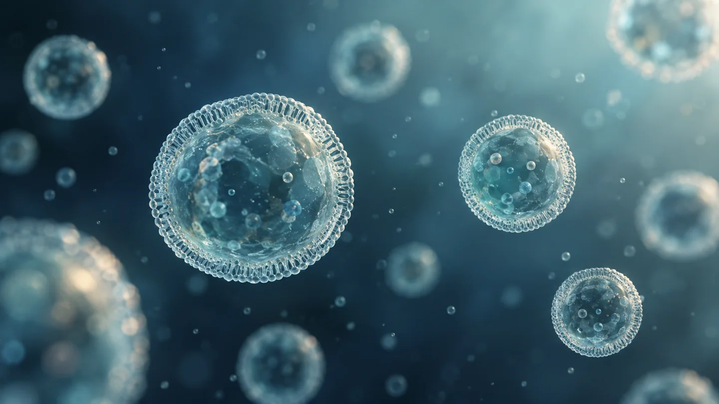 Conceptual illustration of translucent extracellular vesicles with lipid membranes.