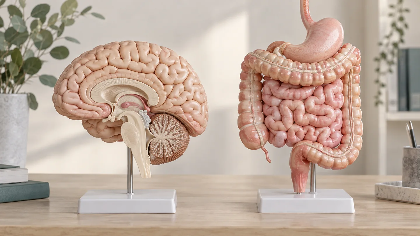 Conceptual illustration of gut and brain anatomy in separate conceptual views.