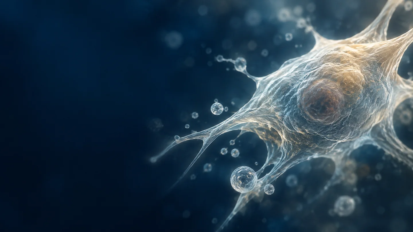 Conceptual illustration of a stromal cell and nearby extracellular vesicles.