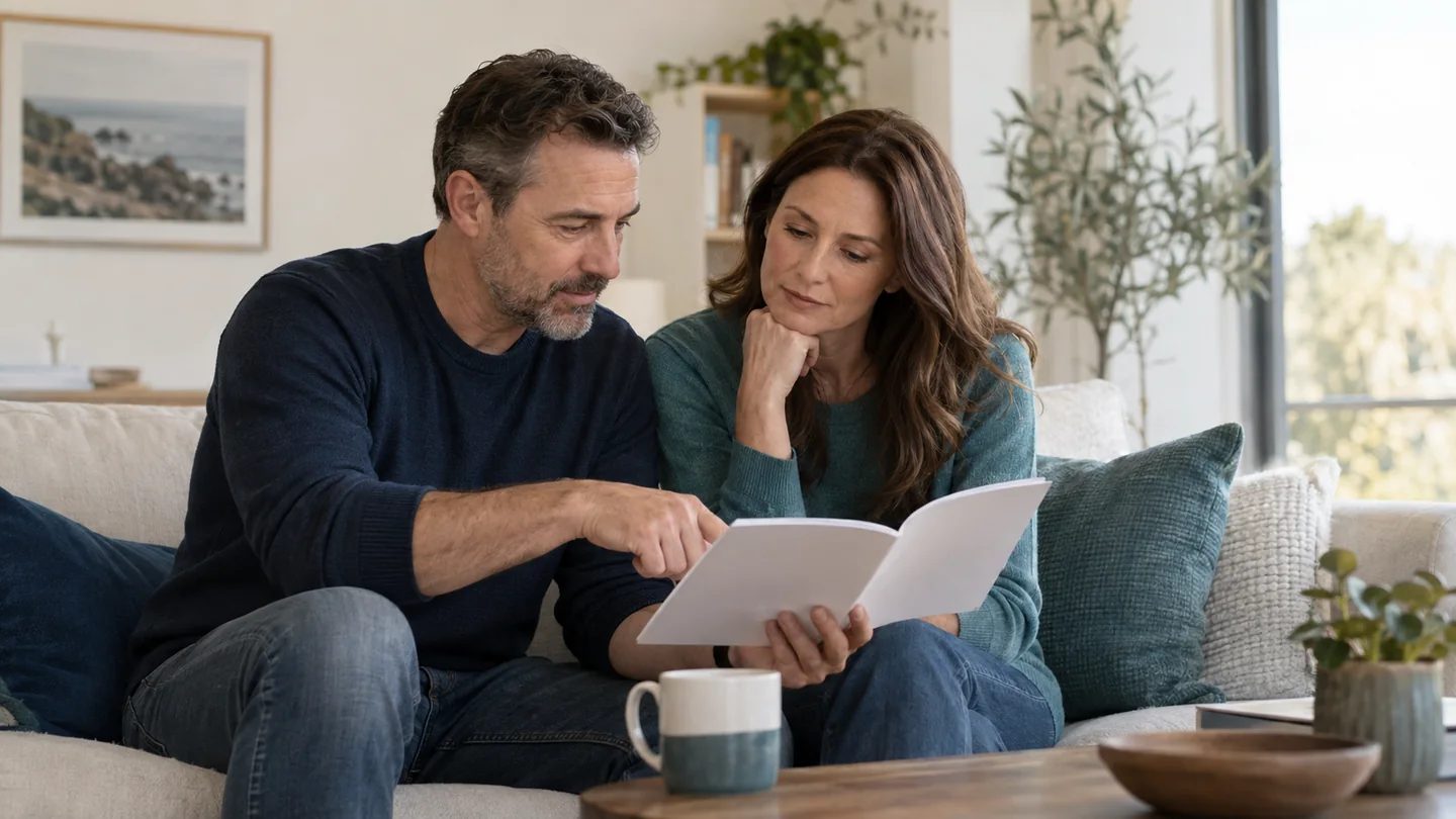 Fictional adults reading a plain information booklet together.