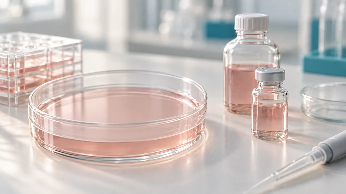 Illustrative laboratory still life with a covered culture dish and closed sample vessels.