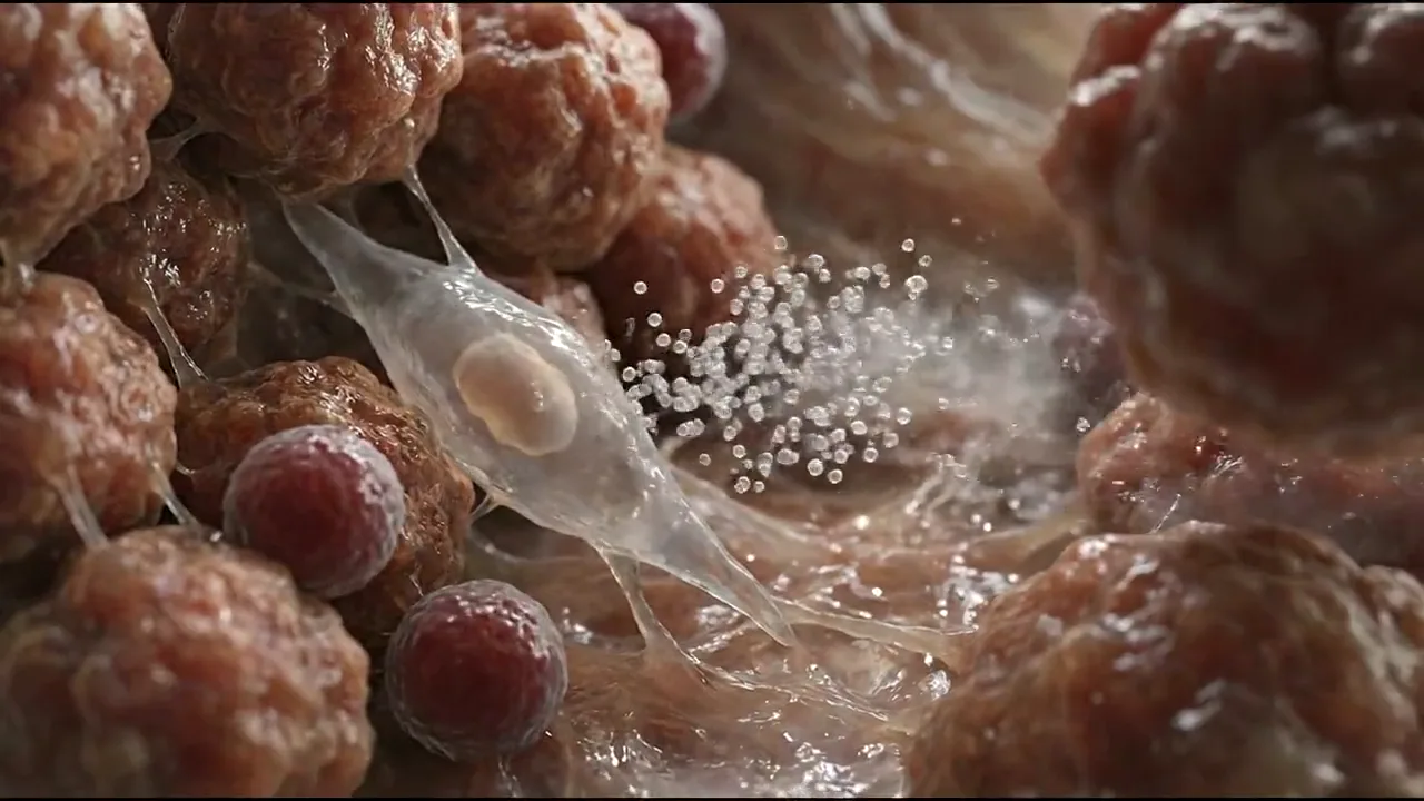 A stem cell releasing a cloud of tiny vesicles towards neighbouring cells.
