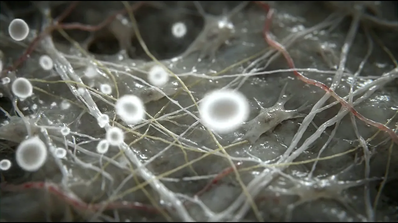 Collagen fibres thickening into a dense lattice in the deeper skin.