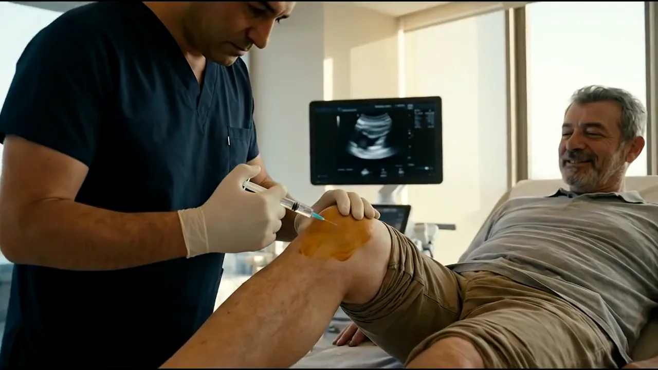 A physician giving an ultrasound-guided knee injection in a clinic.