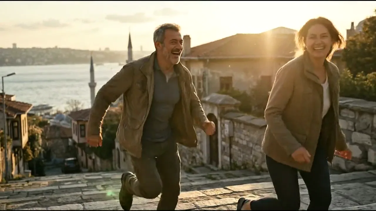 A man running up stone steps in Istanbul at golden hour.