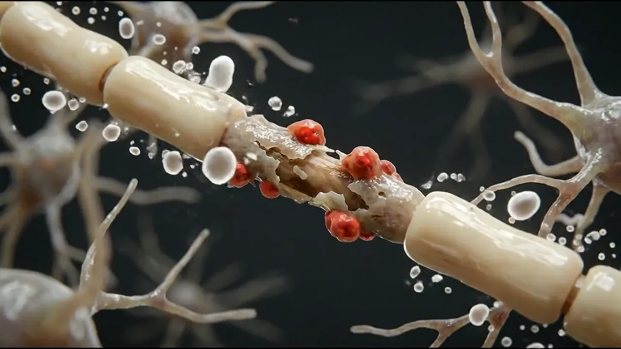 New myelin wrapping a damaged nerve fibre.