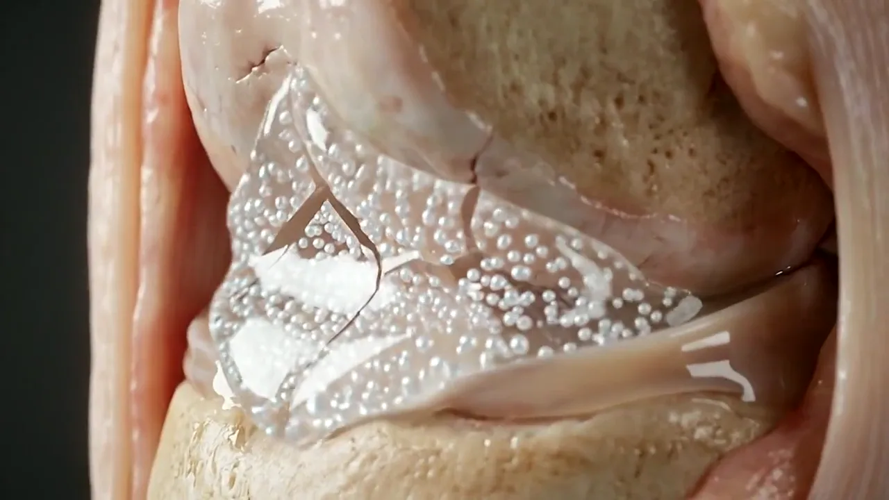 Injected gel spreading over worn joint cartilage as the surface smooths.