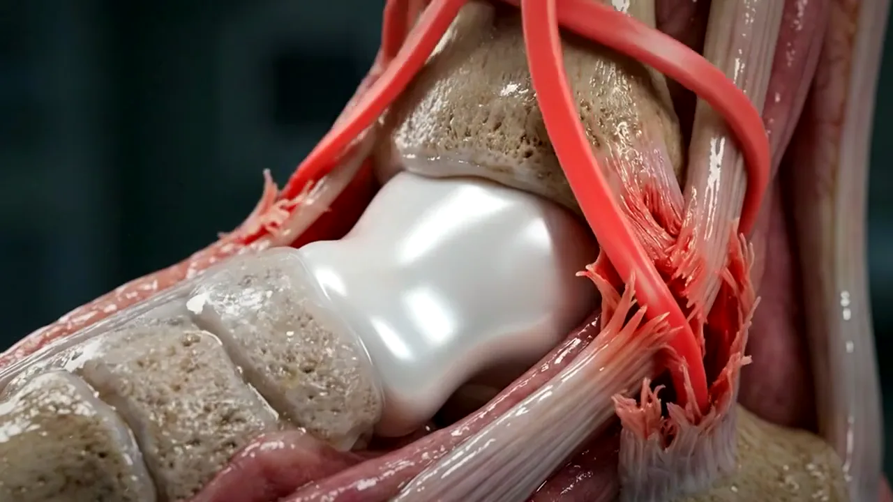 Illustrative animation of injected gel restoring ankle cartilage and a torn ligament.