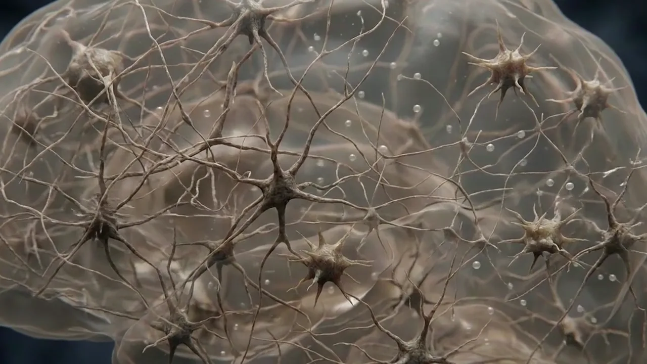 Illustrative animation of a young neural network settling into balanced, orderly connections.