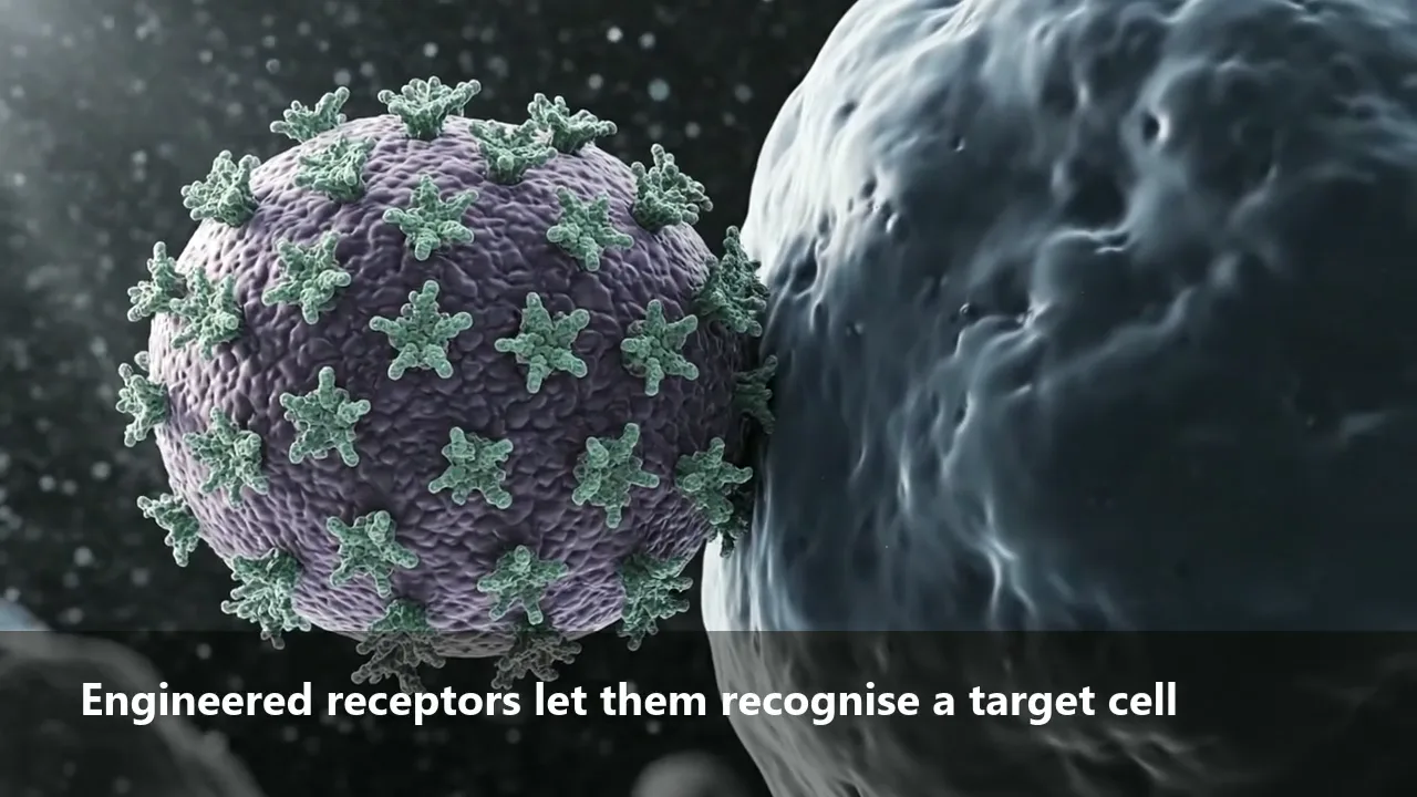 An engineered T cell locking onto a target cell.