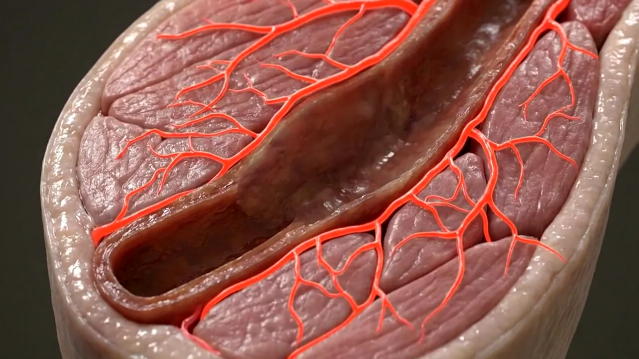 Animation: Neue Blutgefäße umgehen eine verengte Beinarterie.