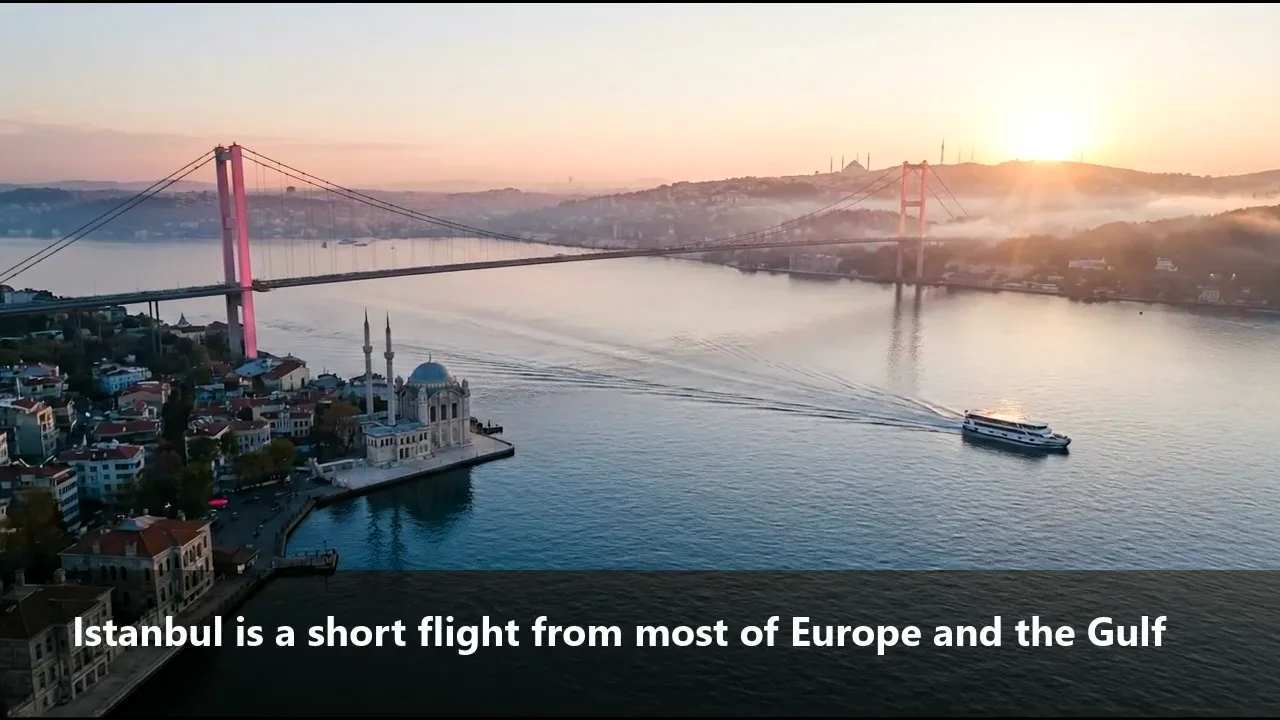 An aerial view of the Bosphorus at sunrise with a ferry crossing.