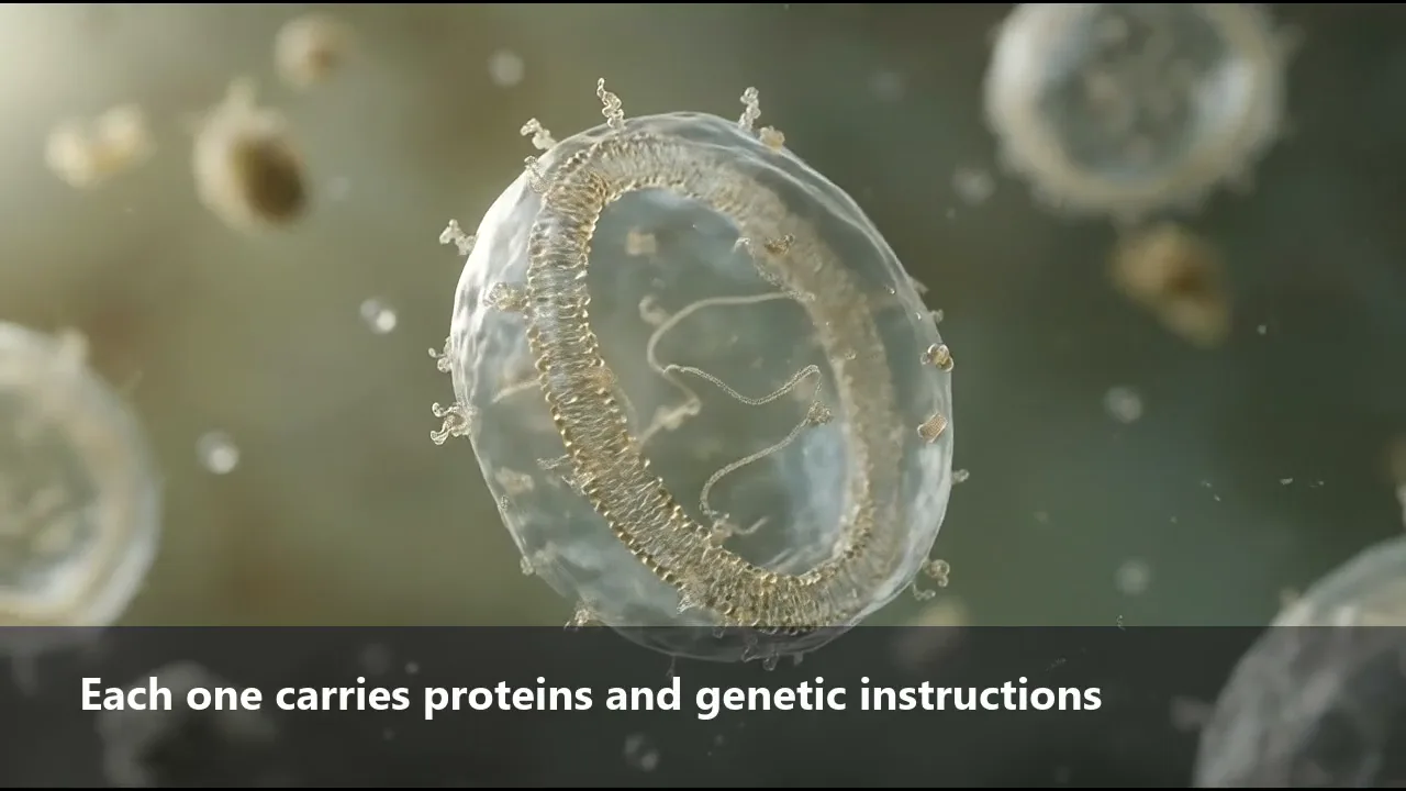 A single exosome vesicle carrying its cargo, from a film explaining exosome therapy.
