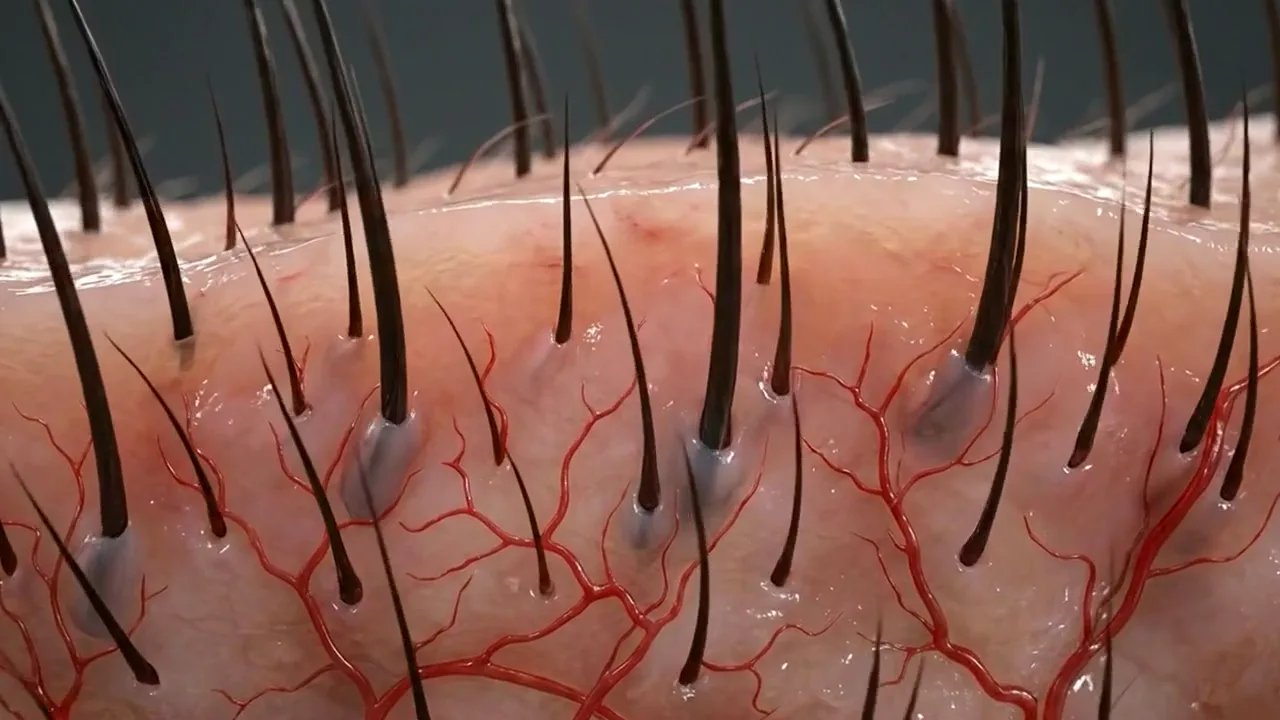 Illustrative animation of dormant hair follicles regrowing thick hair.