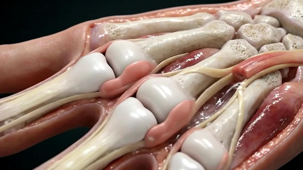 Illustrative animation of injected gel easing worn hand and wrist joints.