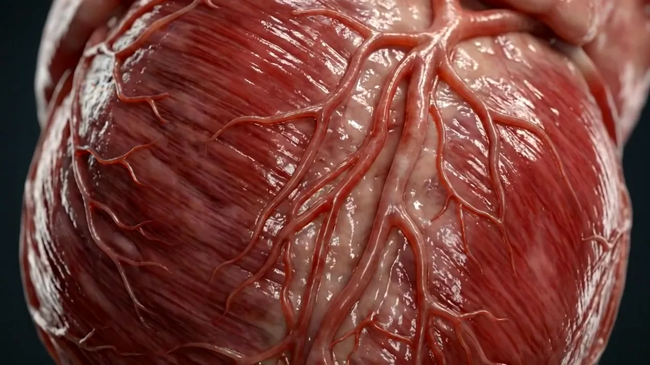 Illustrative animation of new capillaries restoring scarred heart muscle.