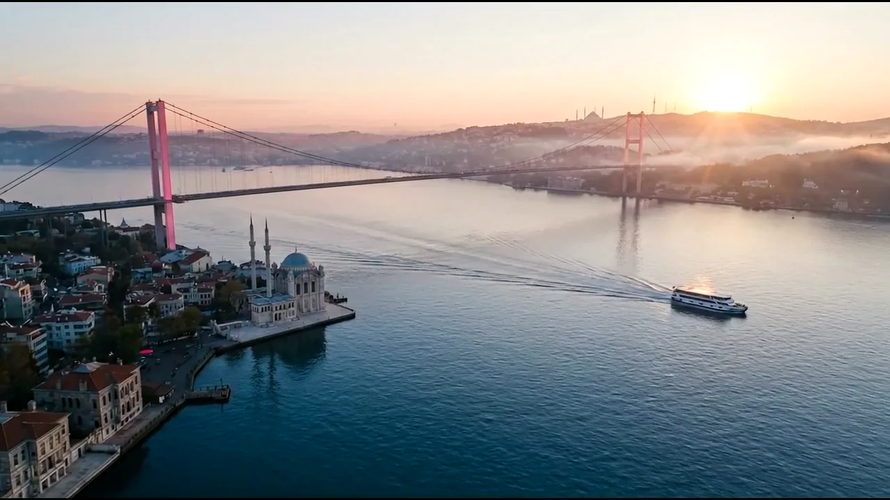 Aerial view of the Bosphorus at sunrise opening a film about stem cell care in Istanbul.