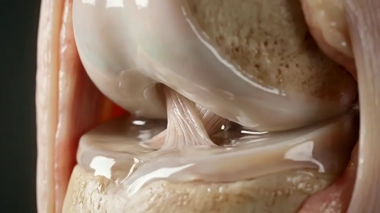 Illustrative animation of injected fluid spreading across worn knee cartilage.