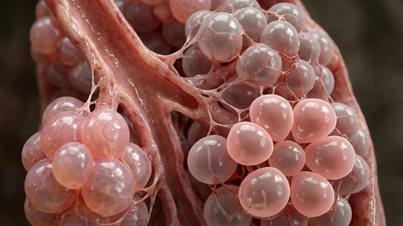 Illustrative animation of damaged lung air sacs reopening.