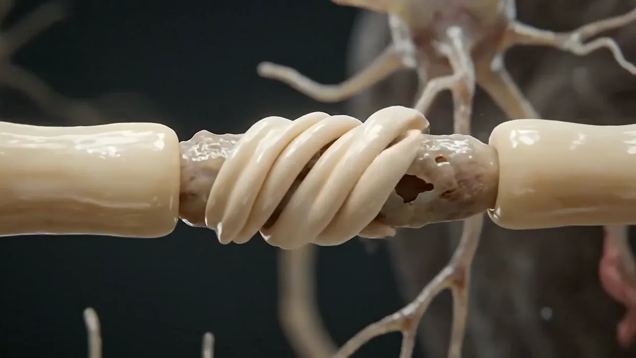 Illustrative animation of new myelin wrapping a damaged nerve fiber.