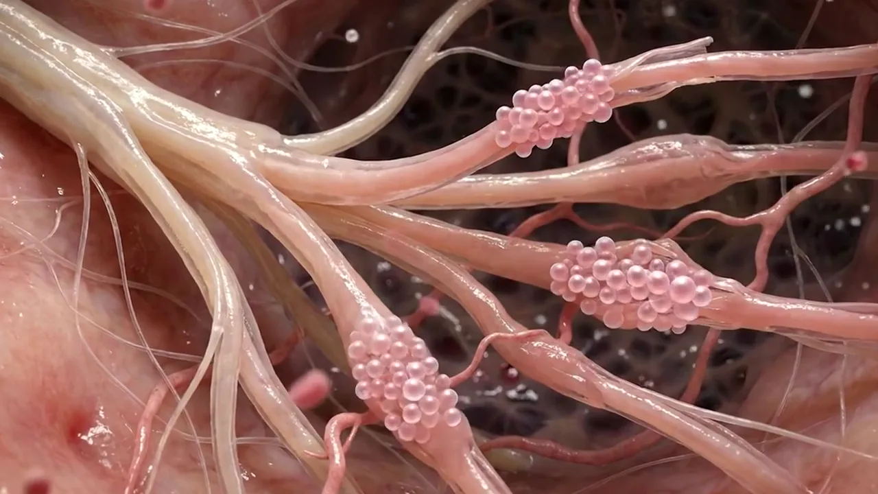Illustrative animation of inflamed peripheral nerves calming and returning to health.