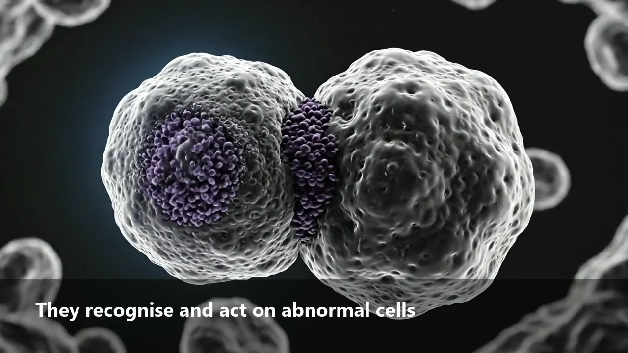 A natural killer immune cell pressing against an abnormal target cell.