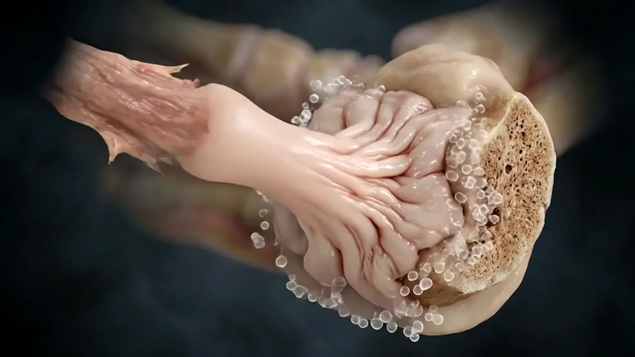 Animation: Eine ausgefranste Plantarfaszie an der Ferse heilt.