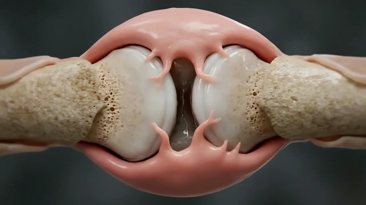 Illustrative animation of an inflamed knuckle joint calming and its bone edge restoring.