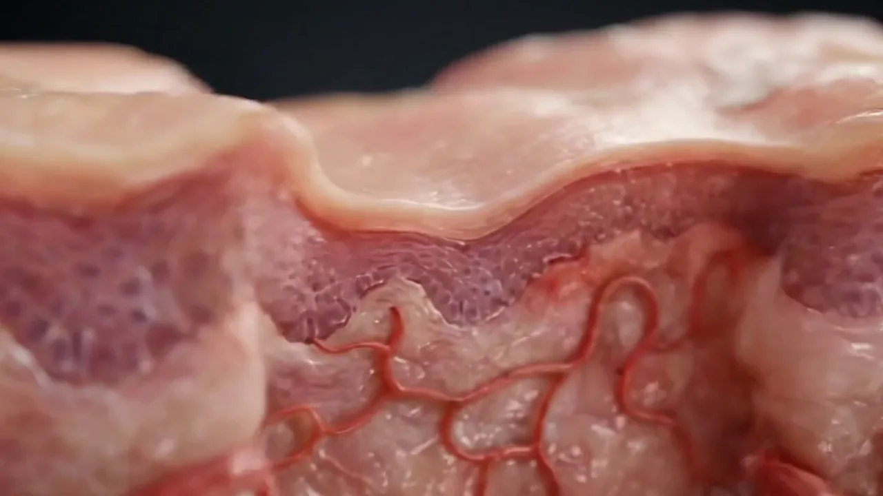 Illustrative animation of an inflamed skin plaque calming and smoothing.