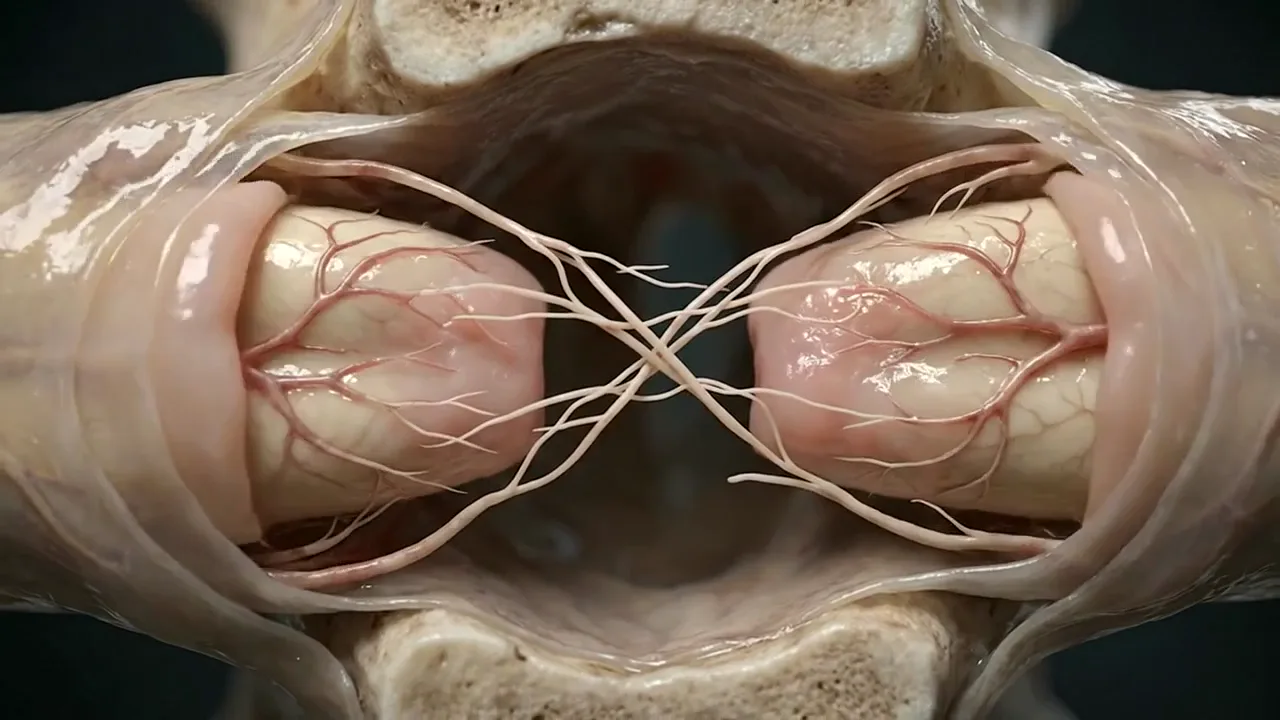 Illustrative animation of new nerve fibers bridging an injured section of spinal cord.