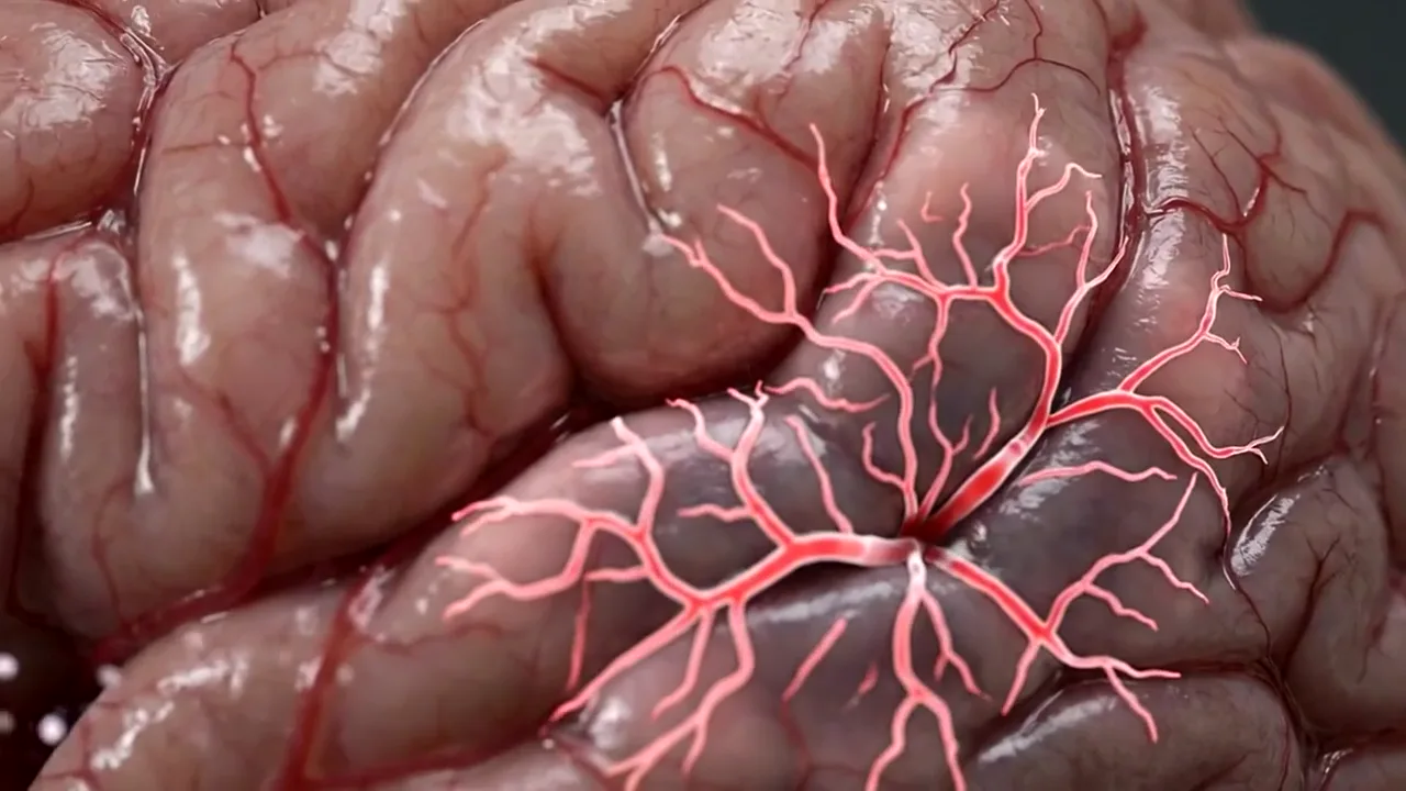 Illustrative animation of new blood vessels restoring flow to a stroke-damaged brain region.