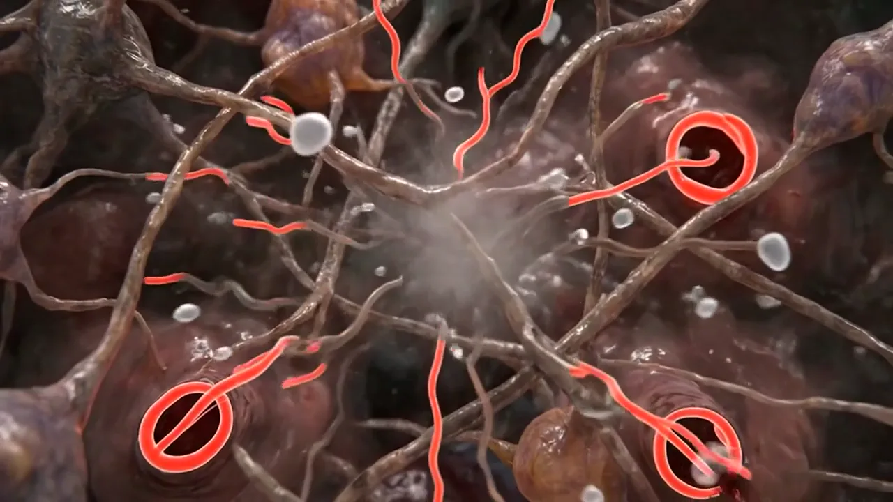 Illustrative animation of injured brain tissue clearing and its neurons reconnecting.