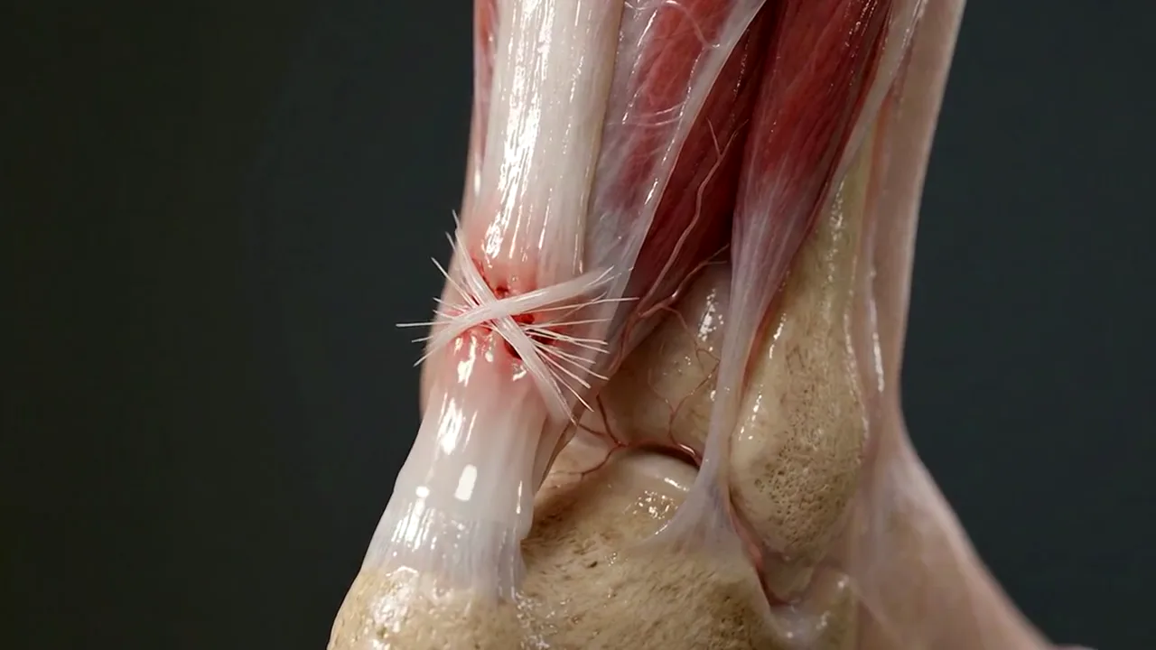 Illustrative animation of injected gel helping a torn Achilles tendon knit together.