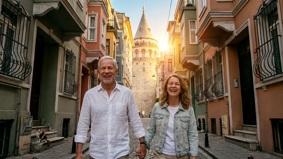 The couple walk hand in hand along a Galata street with the Galata Tower behind them