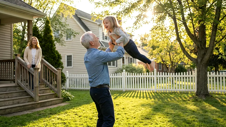At home, the patient lifts his laughing granddaughter in the garden while his wife watches from the porch