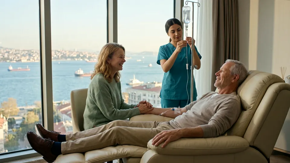 A patient relaxes during an IV infusion beside a window over the Bosphorus while a nurse checks the drip