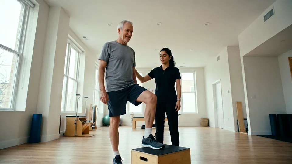 A physiotherapist guides a patient through a step-up exercise in a bright studio