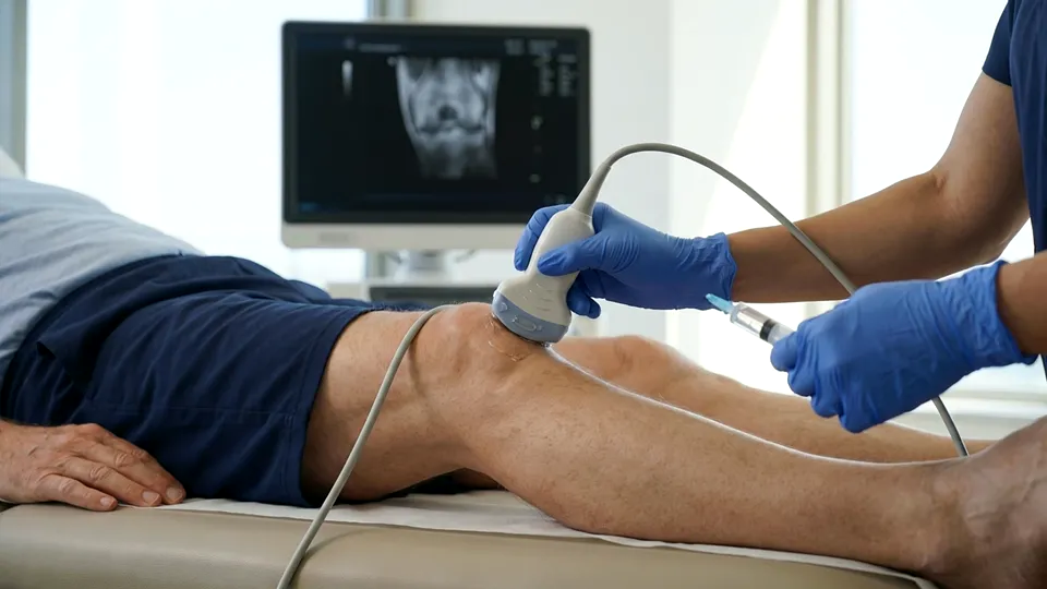 A physician guides an ultrasound probe along a patient's knee, a syringe ready in her other hand